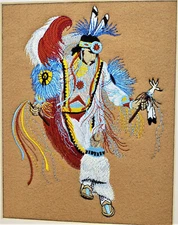 VINTAGE NATIVE AMERICAN HANDMADE WALL ART CREWEL EMBROIDERY Fetish Dancer No. 1