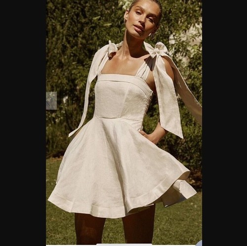 DISSH DRESS AISLE PEARL BOW DRESS LINEN BEIGE CREAM IVORY AU 14 US 10 EU 42 - Picture 3 of 21