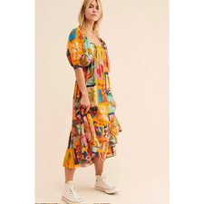 Women's FARM RIO Tropical Collage Patchwork Bubble Sleeve Midi Dress Size XS