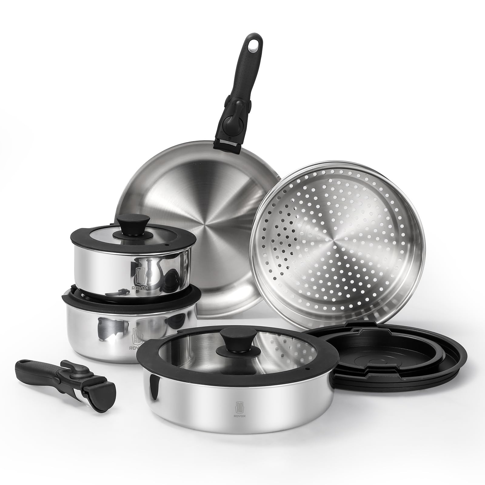 ROYDX 18/10 Stainless Steel 3-Ply Cookware Set with Detachable Handles
