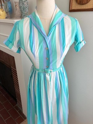 blue shirtwaist dress Empire Shirtwaist Dress in Iridescent Cobalt Blue & White With Hand-beading - Reworked - XL - Cotton