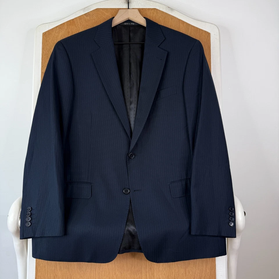 Studio Milano костюм мужской 42R темно-синий в тонкую полоску 2 пуговицы брюки 35 x 30 плоский передний - Изображение 2 из 4