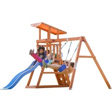 Wooden Swing Set for Backyard with Slide Sandbox Climbing Wall and 2 Belt Swings