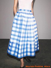 Women Plaid Sweet Pleated Skirts Preppy Style A-line High Waist Mid-Calf Skirts