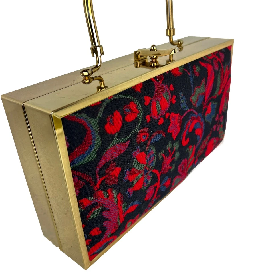 Lou Taylor Vintage Box Bag Purse Gold Metallic upholstered Hinged Handle Glam - Image 4 of 4