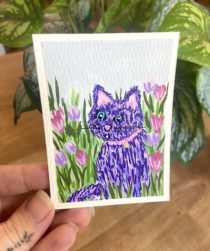 Original Art ACEO kitten -cat in garden acrylic miniature painting floral design