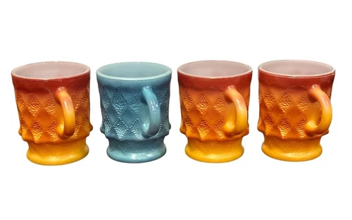 Anchor Hocking Fire King Kimberly Diamond Mugs Set Of 4 Milk Glass Made In USA