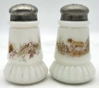 Antique Pair of Milk Glass Salt & Pepper Shakers Hunting Gog & floral/foliage