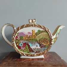 Vintage Sadler China Tea Pot "The Abbey Falls" Decadent Display Teapot Gold Bow 