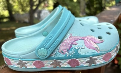 Kids Size J3 Crocs Mermaid Tail Seashells Starfish Light Blue Pink