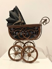 Middle of 20th Century Vintage Dolls Brown Wicker Pram / Buggie With Hoodie