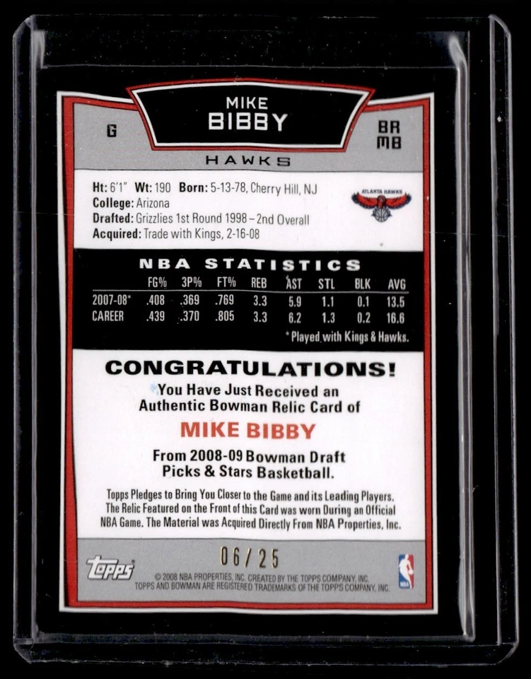 2008-09 Bowman Relics Orange Mike Bibby 25/06 Atlanta Hawks #BRMB Foto 2 de 2
