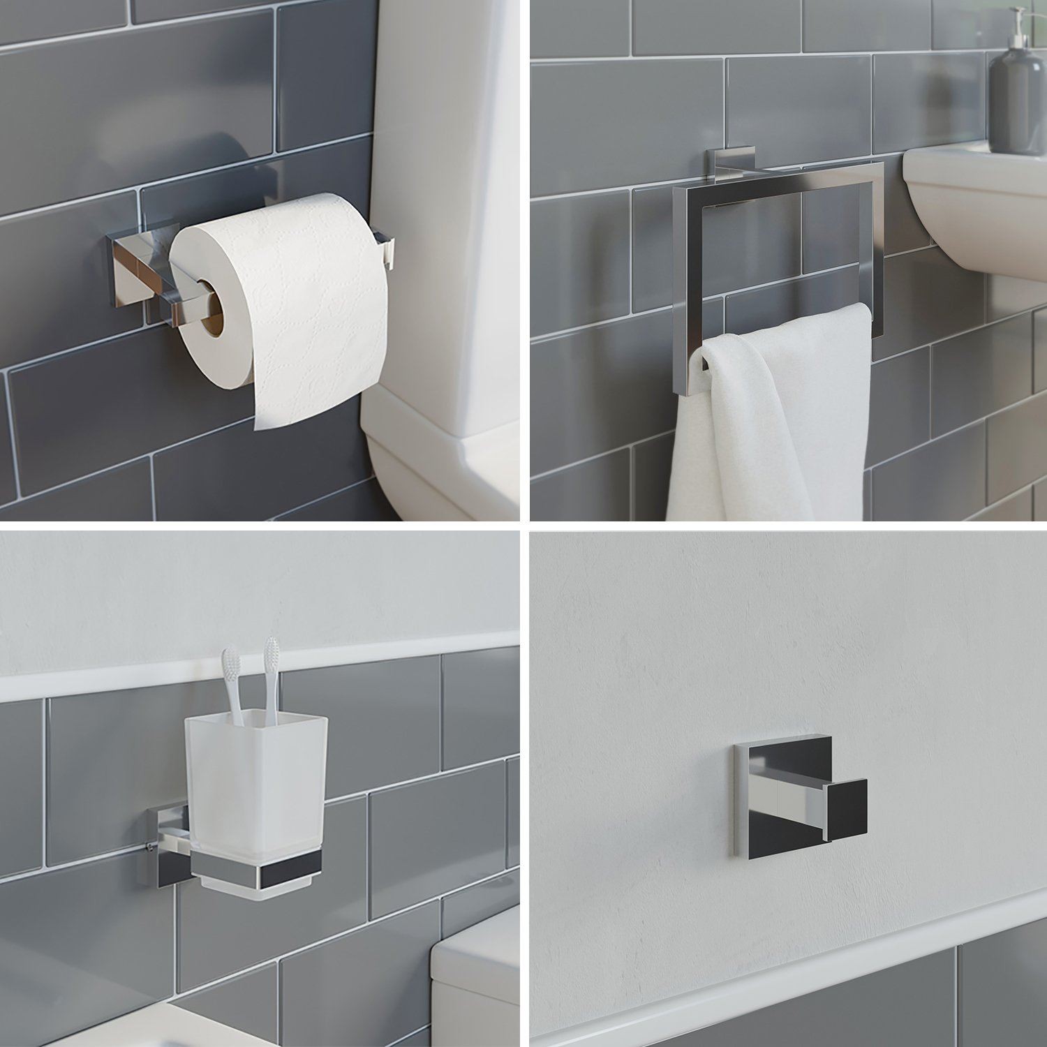 Bathroom Accessories Set Toilet Roll Holder Towel Ring Tumbler Robe Hook Chrome