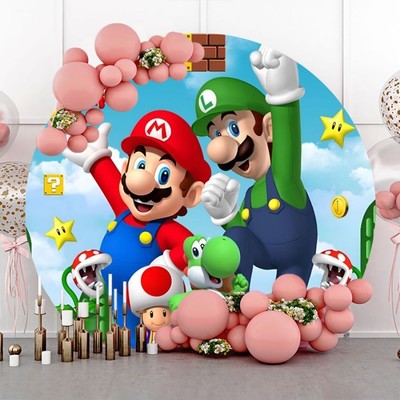 Round Super Mario Bros Backdrop Boys Birthday Party Background Banner Decor 