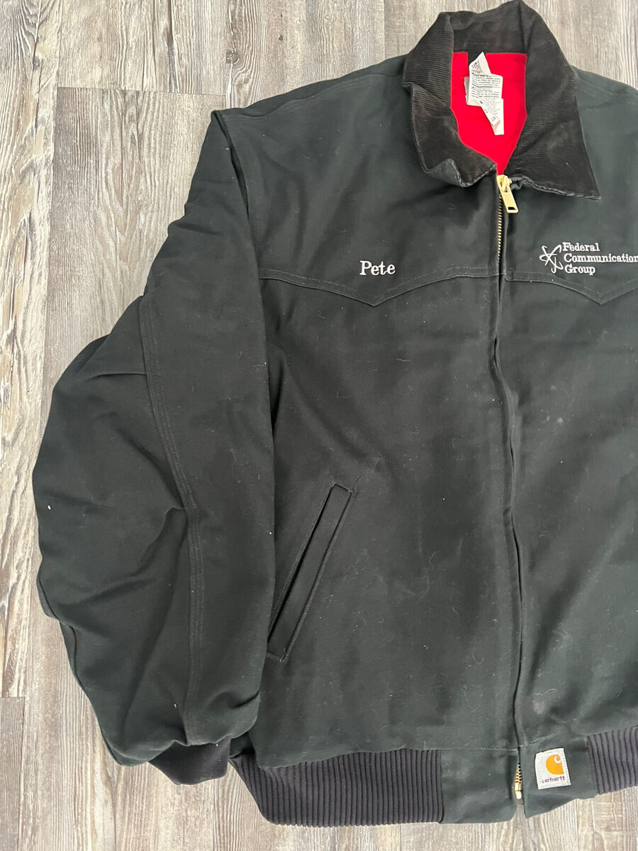 Vtg Carhartt Jacket J13 Black Canvas RED Quilt Lined Vtg Carhartt Jacket J13 Black Canvas RED Quilt Lined