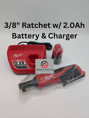 NEW Milwaukee M12 Cordless 3/8'' Ratchet, 2457-20 Kit Charger & 2.0 AH Battery