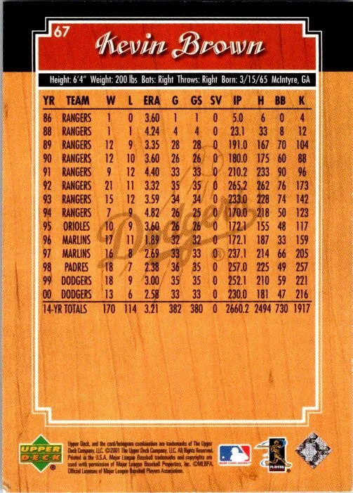 2001 Upper Deck Legends #67 Kevin Brown - Image 2 of 2