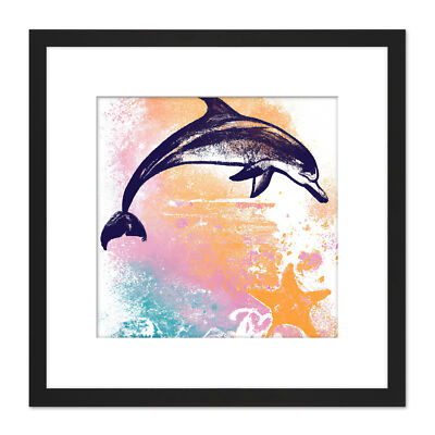 Delfinbruch Ozean Sonnenuntergang Seestern Pastell Quadrat gerahmter Wandkunstdruck 9 x 9 Zoll