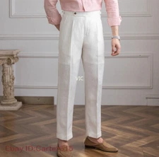 Men 100% Linen Italian style Pants Summer High Waist Straight Trouser Suit Pant