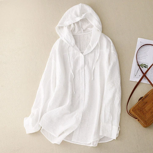 Cardigan camicia donna cotone lino casual con cappuccio bottoni manica lunga traspirante - Foto 2 di 18