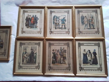 7 lithographies  XIX siècle  19 eme  encadrées  costumes du XIV siecle France
