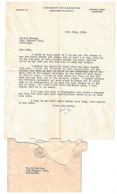 1959 Letter from University of Cambridge Dept of Zoology to Dr R. P.Warren