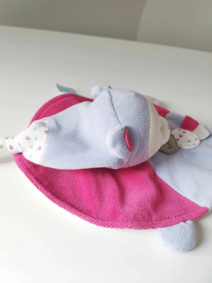 Doudou Plat Rond Capucine Ours Mauve/Violet Rose Blanc Coeurs Bonnet - Babynat - Photo 3/4