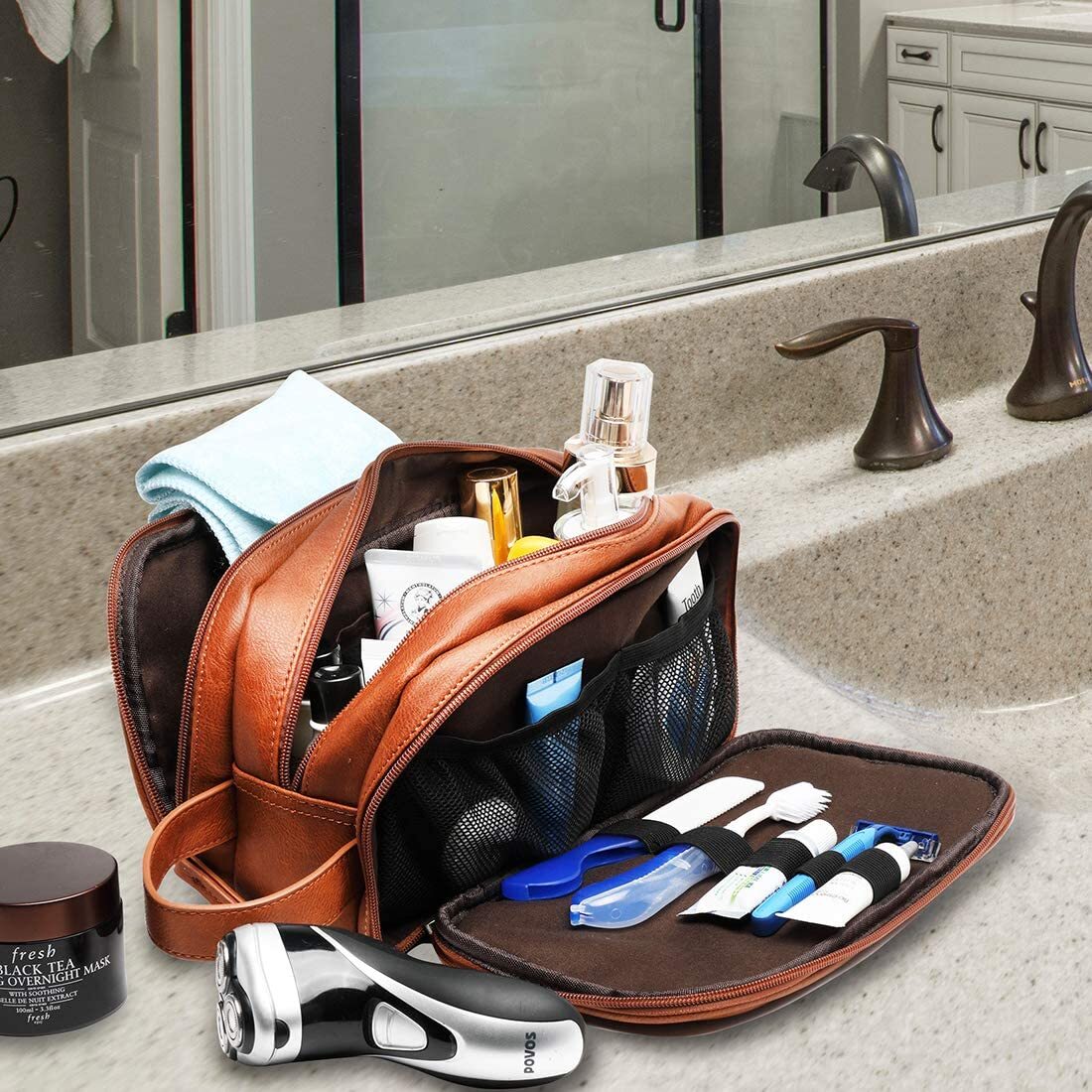 PU Leather Toiletry Bag For Men Large Travel Wash Bag Shaving  Water-Resistant