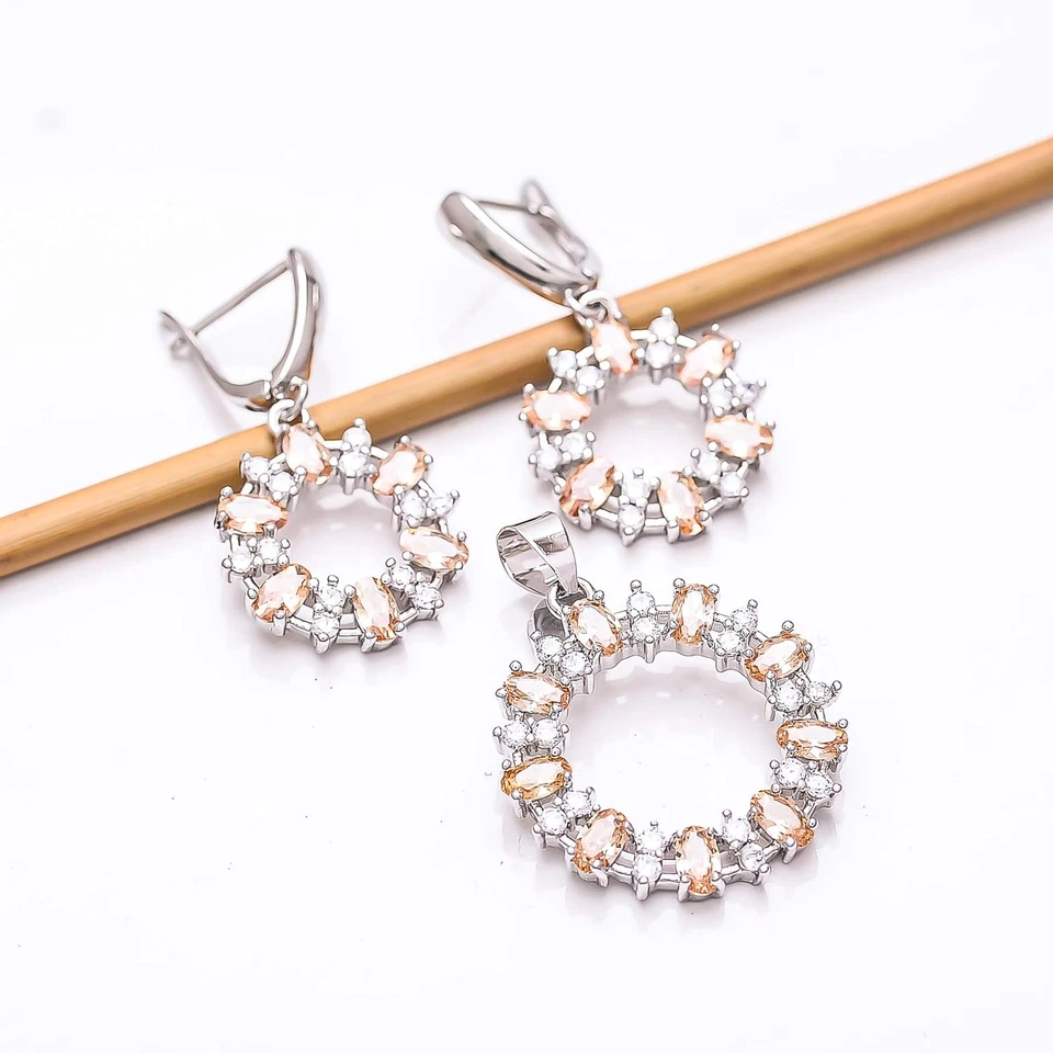 Morganit & CZ 925 Silber Handarbeit Anhänger Ohrring Set PS81517, Weihnachtsgeschenk