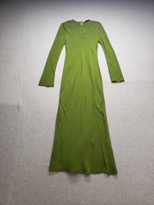 Massimo Dutti Women Maxi Dress M Green Crew Neck Back Zip Front Slit Cocktail