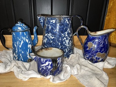 Antique Blue Swirl Enamel Collection Farm Fresh Primitive Old Repair Rustic