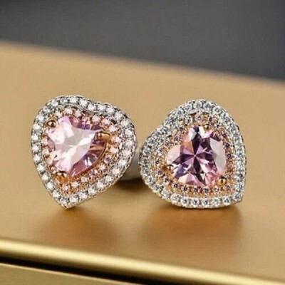 3Ct Lab Created Sapphire Double Halo Stud Heart Earrings 14k White Gold Plated
