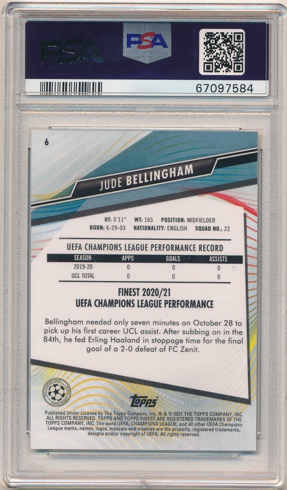 JUDE BELLINGHAM 2020/21 TOPPS FINEST UCL #6 RC ROOKIE CARD PSA 10 GEM MINT view 2