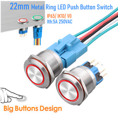 22mm Ring Illuminated Stainless steel Anti-vandal Push Button Switch CE UL ROHS