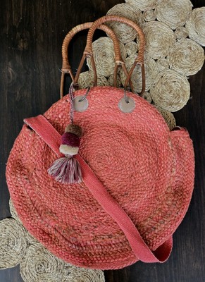 America & Beyond Sunset Boho Round Jute Bag   Woven Oversized Beach Crossbody 