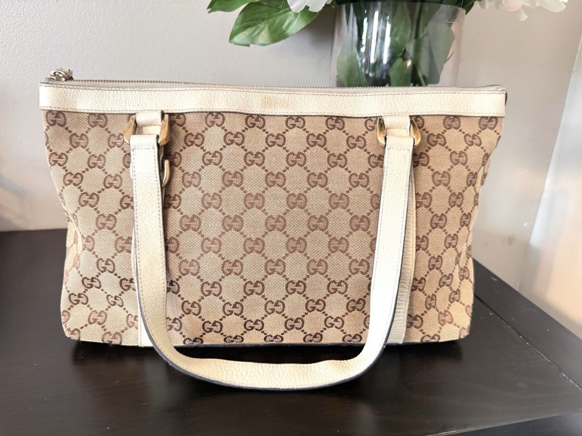 Authentic Gucci Abbey Tote Brown Handbag Purse GG Canvas Leather