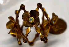 VINTAGE METAL PONY TAIL BARRETTE BRASSTONE METAL 5 FLOWERS W AB STONES