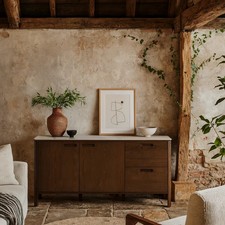 Cork Oak Veneer Sideboard with Cream Ceramic Top, 2 Doors & 2 Drawers