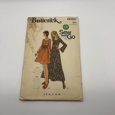 Butterick 6080 1970s Peasant Dress Pattern Mini & Maxi Sew and Go Sz 10