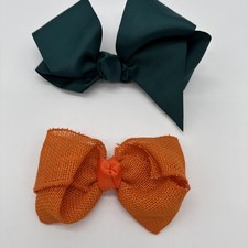 Girls Hair Bows With Clips. Orange And Dark Green