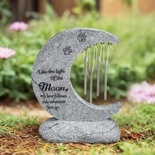 Moon Shaped Pet Memorial Stones for Dogs with Wind Chimes, Paw Prints Headsto...