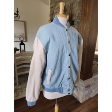 Vintage 90s Light Wash Denim Varsity Bomber Jacket Blue Cream Made in USA