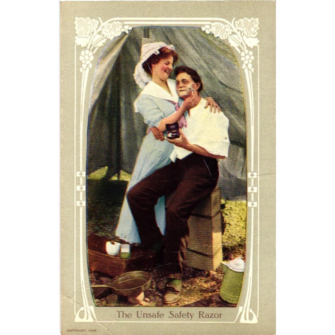 Vintage 1909 The Unsafe Safety Razor Postcard Comic Shaving Humor Castleton IND
