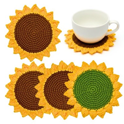 Handmade Double-Layer Sunflower Crochet Drink Coasters Set of 4 | Yellow Flow...
