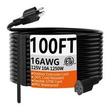 100 FT 16 Gauge Black Indoor Outdoor Extension Cord Waterproof, Flexible Cold...
