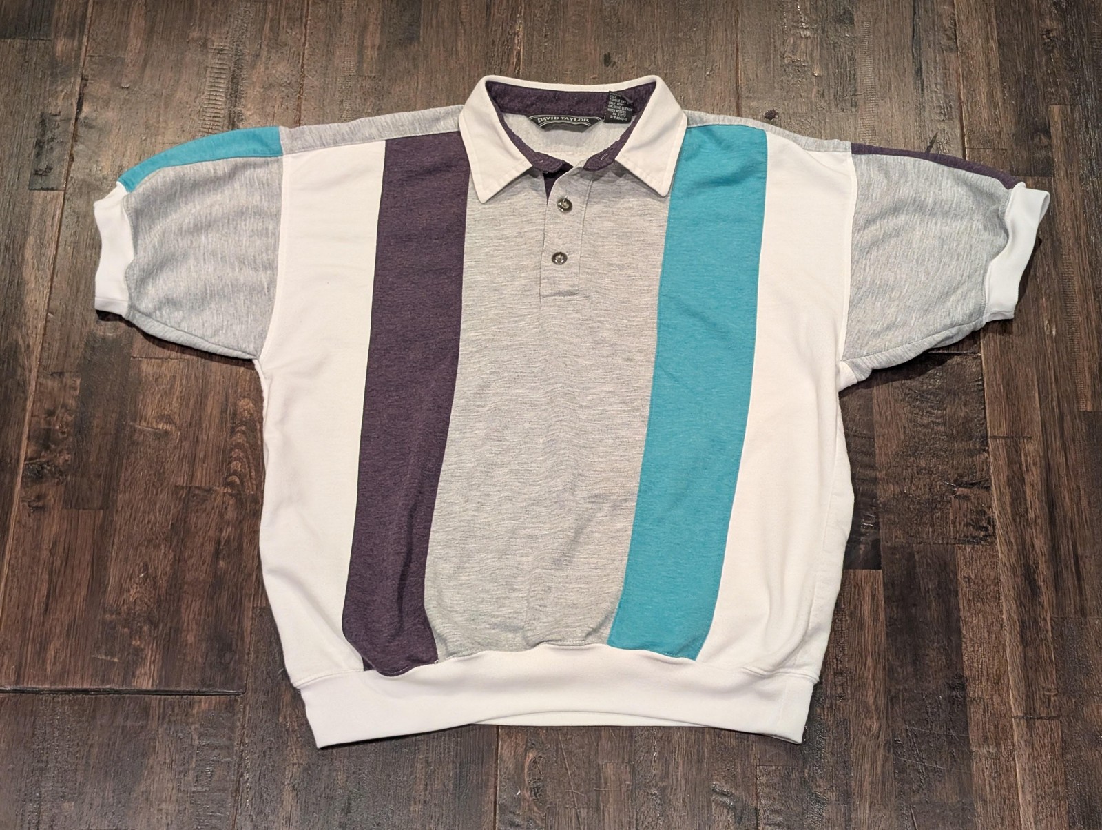 Vintage David Taylor Polo Shirt Mens Medium Colorblock Teal Purple 90s Striped