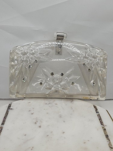 Vintage Clear Lucite Hard Case Clutch Purse Evening Bag Rhinestone Carved Flower