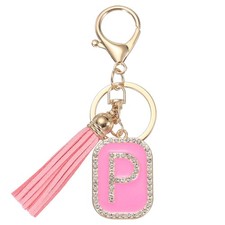Initial Letter Keychain Crystal Alphabet Letter-P Keychain with Tassel Pink