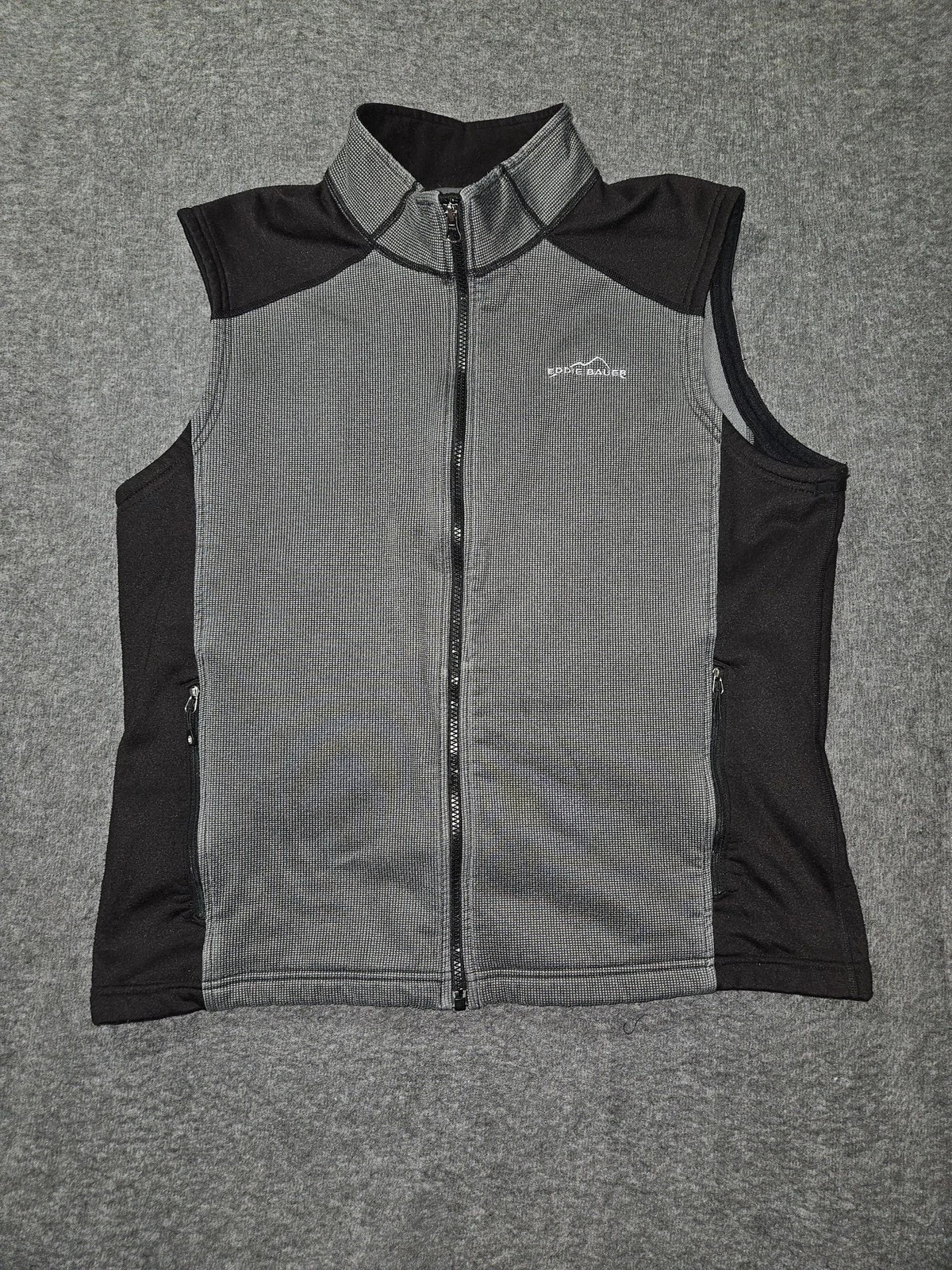 Eddie Bauer Vest Mens Large Gray Black Fleece Full Zip Stretch Pockets Outdoor