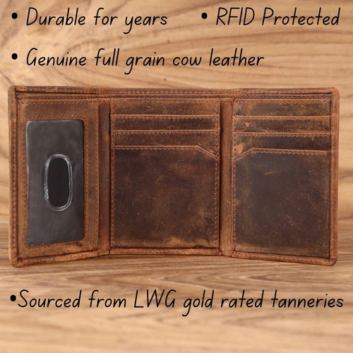Deer Full Grain Trifold Leather Wallet for Men RFID Blocking Gift for Valentine - 第 3/13 張圖片